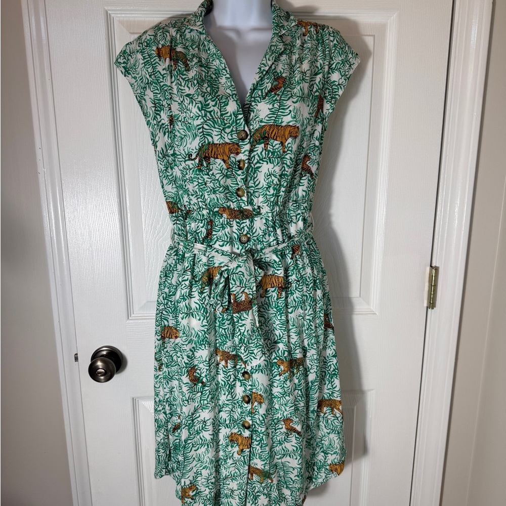 Maeve Teal and Gold Tiger Print Midi Dress - Picture 4 of 7